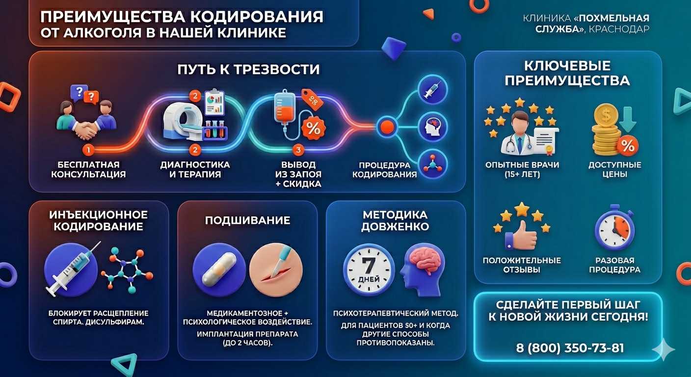 Инфографика о методах кодирования от алкоголя в Находке: инъекции, подшивание, метод Довженко. Преимущества клиники и этапы лечения.
